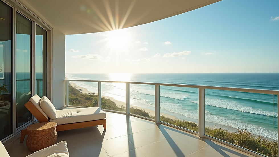 Eye-level view of a luxury oceanfront rental balcony overlooking the beach