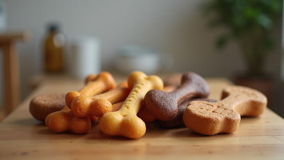 Eye-level view of a variety of durable dog chews arranged on a table