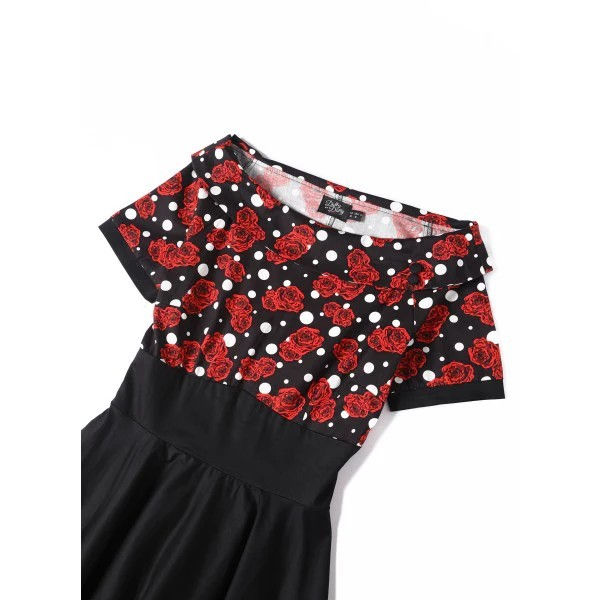 Thumbnail: Darlene Retro 50s Swing Dress in Black/Red Rose & Polka Dot Print