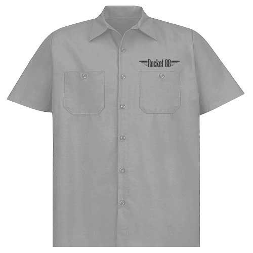 Thumbnail: Front Men's grey collar shirt with Hot Rod Garage Print for sale