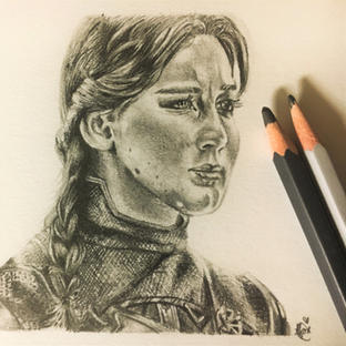 Graphite drawing of Katniss from Mockingjay: Part 2