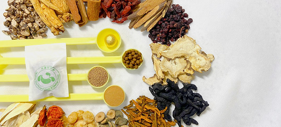 Herbal medicine pouch with Healing Soul Clinic logo, surrounded by various herbs, pills, and powders