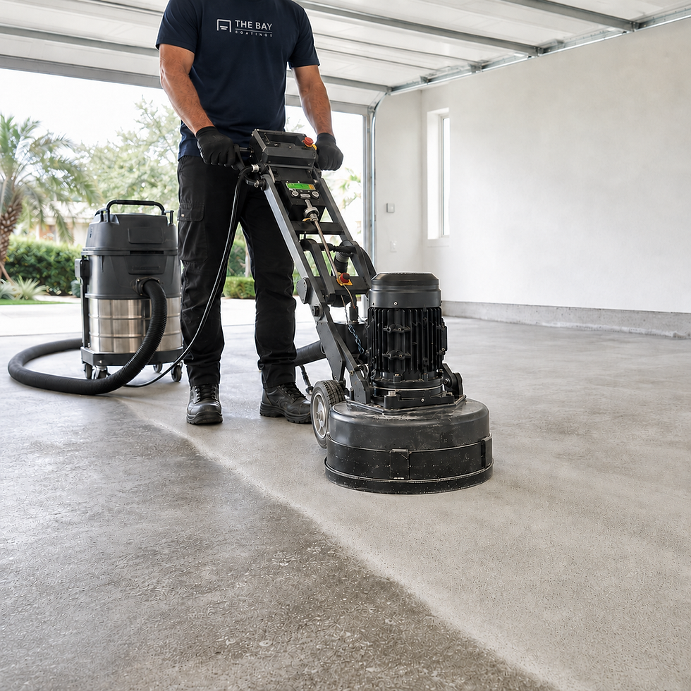 Floor coating installer diamond-grinding concrete inside a residential garage