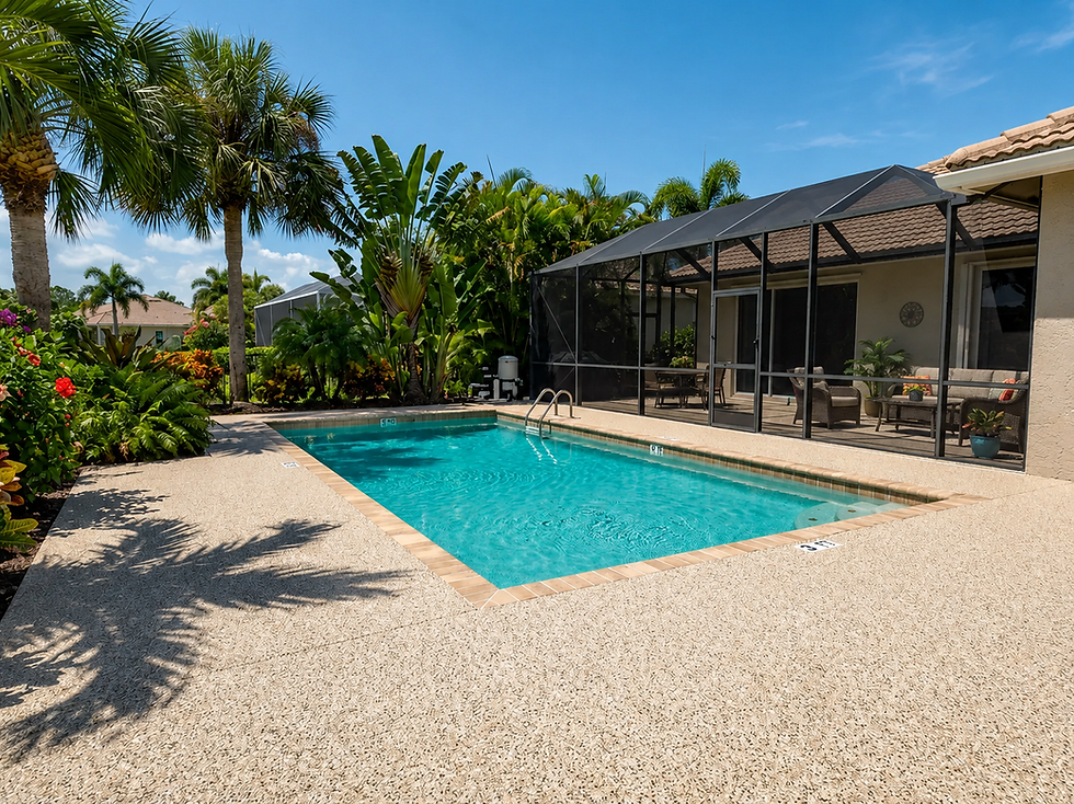 Tan flake pool deck coating around a screened pool in Feather Sound, Clearwater
