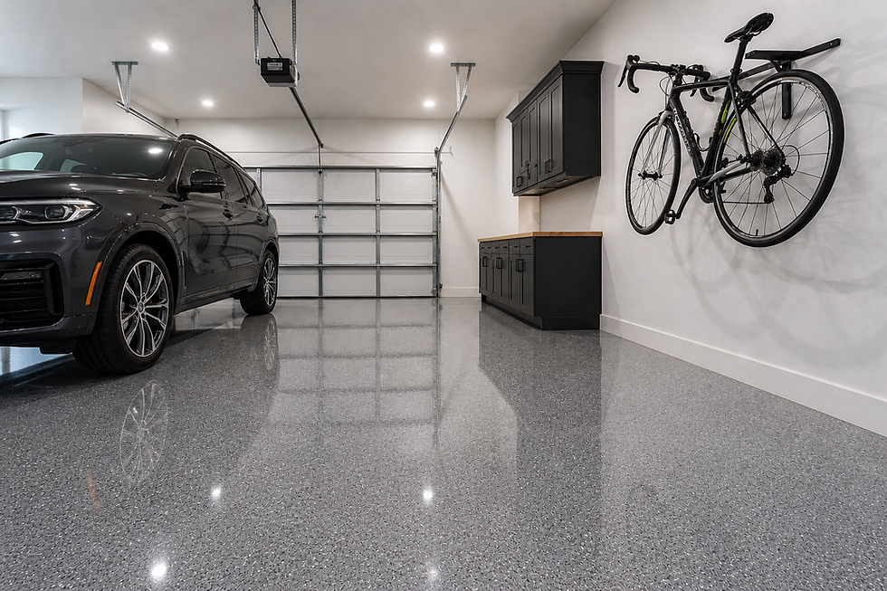 Gray polyaspartic floor coating inside a finished residential garage