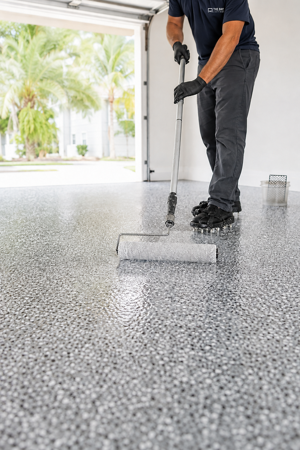 Floor coating installer applying a clear protective topcoat over a gray flake garage floor.