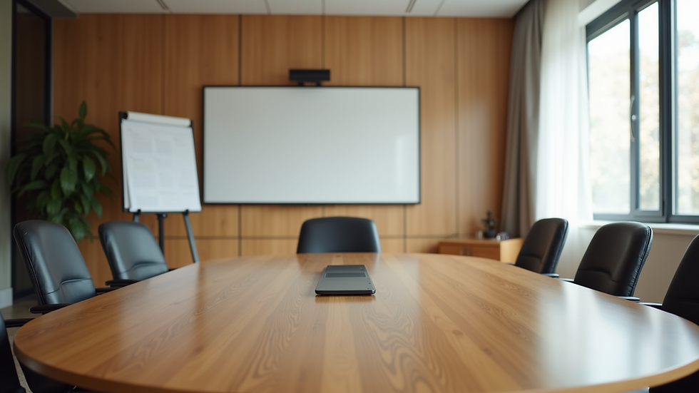Close-up view of a meeting room with a round table and chairs
