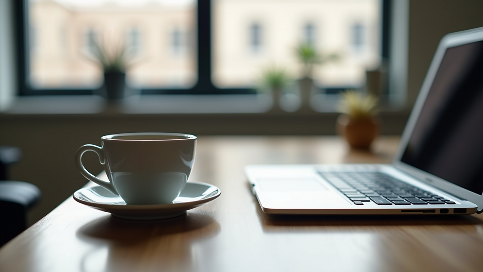 Close-up view of a desk with a laptop and coffee cup in a serviced office
