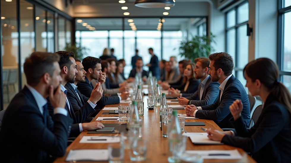 High angle view of a networking event in a modern office space