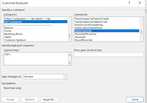 Customising keyboard shortcuts in Word