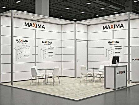 20 metrekare ikitarafı açık Maxima modüler fuar standı örneği ve yerleşim planı