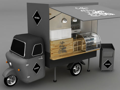 Gri renkli üç tekerlekli mobil büfe, üstünde ''LOGO'' ve ''YEMEK'' yazıları var, teşhir standı.