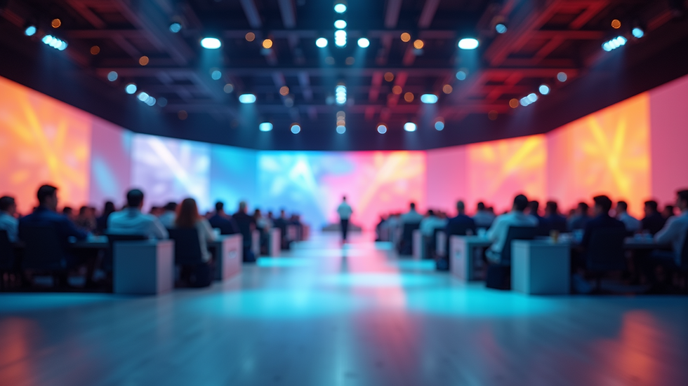 Eye-level view of a modern congress stand with bright lighting and colorful graphics