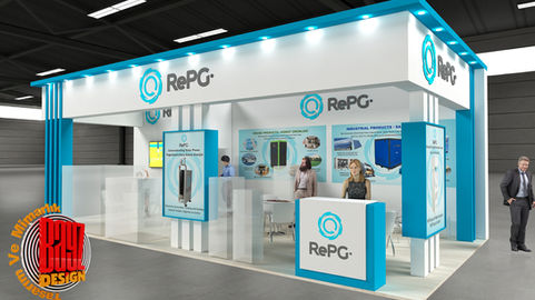 RePG's booth design, a trade show booth design in blue and white, full of people.