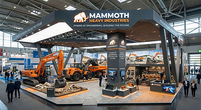 Bauma Münih fuarında dev iş makinelerinize özel; ağır yük podyumlu, dış mekana dayanıklı, B1 sertifikalı lüks ahşap fuar standı imalatı ve kurulumu.