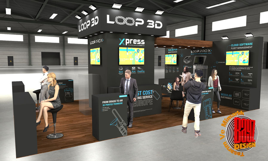 LOOP 3D Xpress stand with people and displays, fuar standı tasarım.