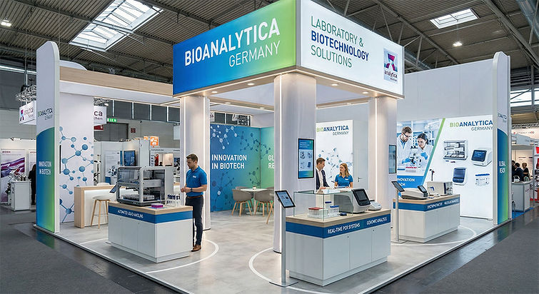 Analytica Münih laboratuvar fuarında markanıza özel; steril görünümlü, B1 sertifikalı, hassas cihaz podyumlu lüks fuar standı tasarımı ve anahtar teslim kurulum.