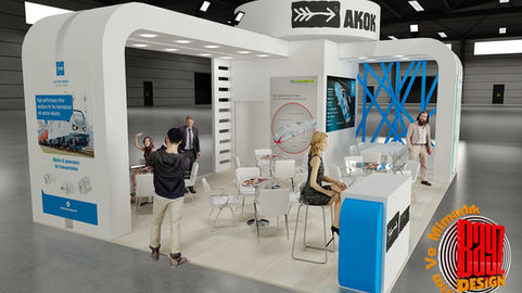 AKON stand: modern design, people, blue details, 360 VR text. Exhibition stand design.