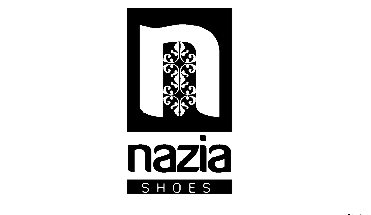 Nazia Shoes markasının siyah beyaz logosu, desenli "n" harfi ve "nazia SHOES" yazısı.