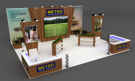 Metro 100% Yerli Ürünler Inc. fuar standı tasarım, ahşap detaylı sergi alanı
