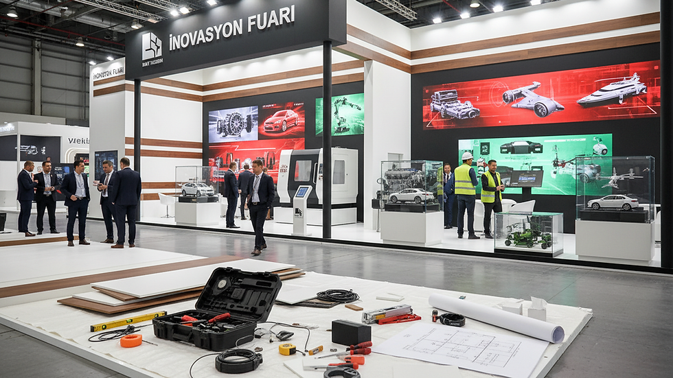 close-up view of exhibition stand materials and tools