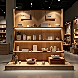 Zuchex fuarında porselen, cam ve mutfak eşyalarınıza özel; lüks butik konseptli, gizli depolu ve kamaşmasız aydınlatmalı ahşap stand imalatı. Teklif alın.