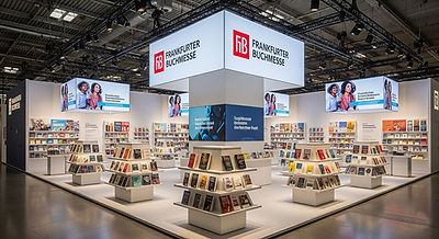 Frankfurter Buchmesse kitap fuarında markanıza özel; lüks kitap teşhirli, B1 sertifikalı, konforlu telif görüşme alanlı ahşap fuar standı tasarımı ve kurulumu.