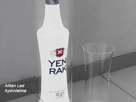 YENI RAKI bottle with a glass, Ürün Standı Tasarımları, inside a teşhir standı.