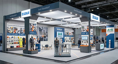 A+A Düsseldorf iş güvenliği fuarında markanıza özel; teknik tekstil teşhirli, B1 sertifikalı, sağlam ve lüks ahşap fuar standı tasarımı ve anahtar teslim kurulum.