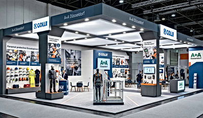 A+A Düsseldorf occupational safety trade fair offers you a customized, B1 certified, robust and luxurious wooden exhibition stand design and turnkey installation featuring technical textiles.
