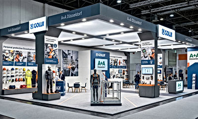 A+A Düsseldorf occupational safety trade fair offers you a customized, B1 certified, robust and luxurious wooden exhibition stand design and turnkey installation featuring technical textiles.