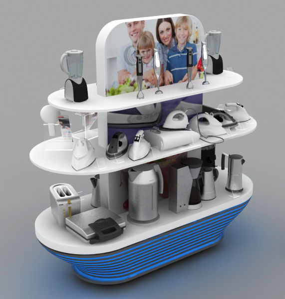 eye-level view of modern wooden product display stand in showroom