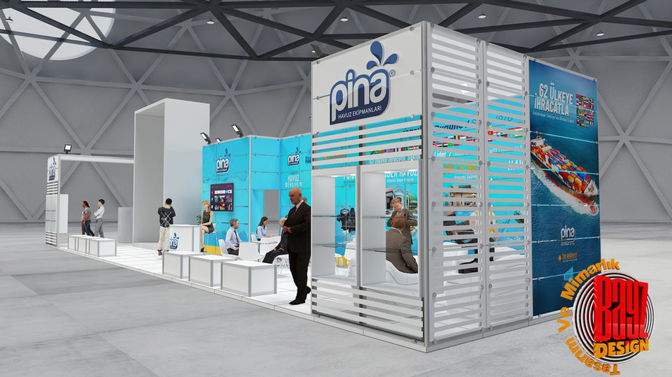 Dina water stand with people. Visible text: Dina, 320, fuar standı tasarım