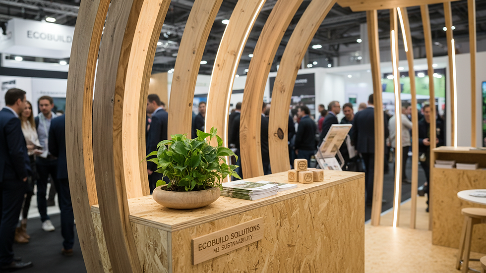 Close-up of a sustainable wooden exhibition stand corner