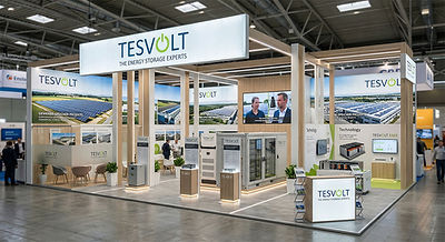 Intersolar Münih enerji fuarında markanıza özel; güneş paneli teşhirli, B1 sertifikalı, enerji depolama sistemlerine uygun lüks fuar standı tasarımı ve kurulumu.