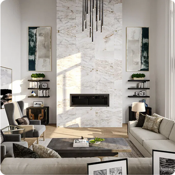 Elegant living room with art, fireplace, and sofa, interior Home.