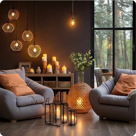 Cozy living room with armchairs, candles, lamps, and a view of trees. Interior.
