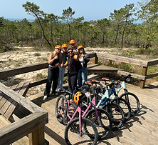 People on cycle path near beautiful pine trees area with a senior guide