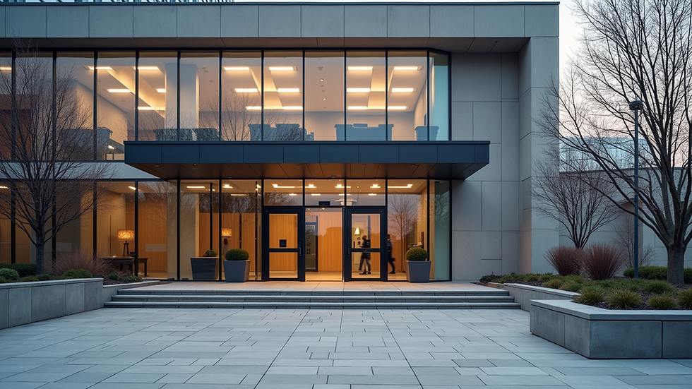 Eye-level view of a modern Brampton courthouse entrance