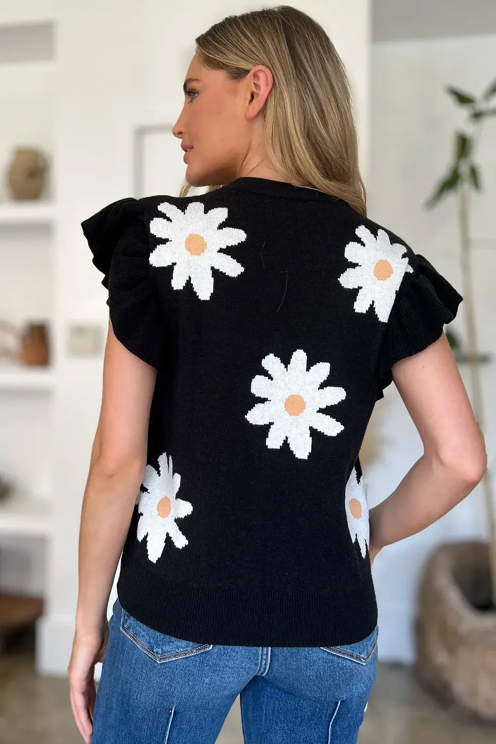 Thumbnail: Double Take Full Size Ruffled Flower Round Neck Cap Sleeve Sweater