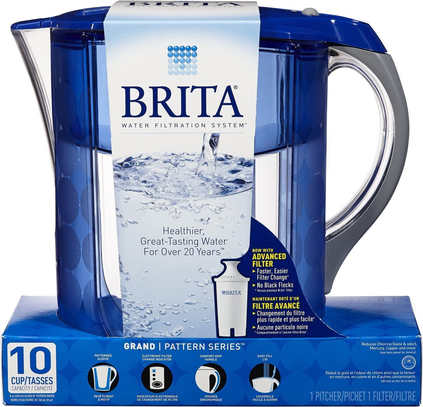 Brita Grand Water Filter Pitcher, Blue Bubbles, 10 Cup