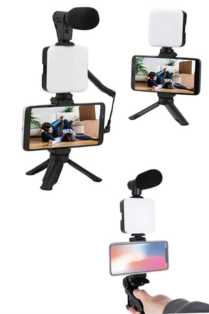 Küçük resim: Akıllı Telefon Vlog Kiti Tripod Mini Mikrofonlu Telefon Tutucu