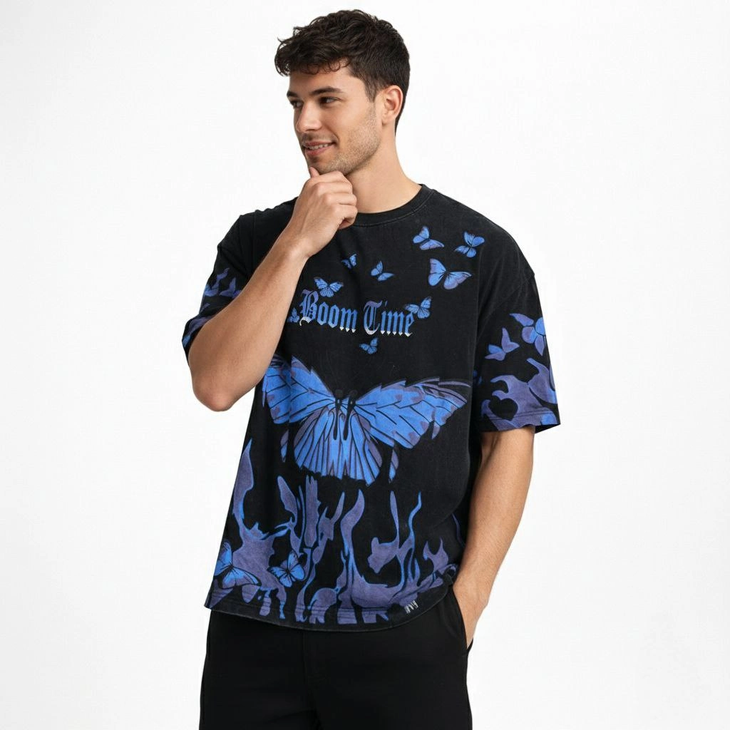 Erkek Asit Yıkamalı Oversize Tişört Mavi Kelebek Baskılı Dijital Print Bis