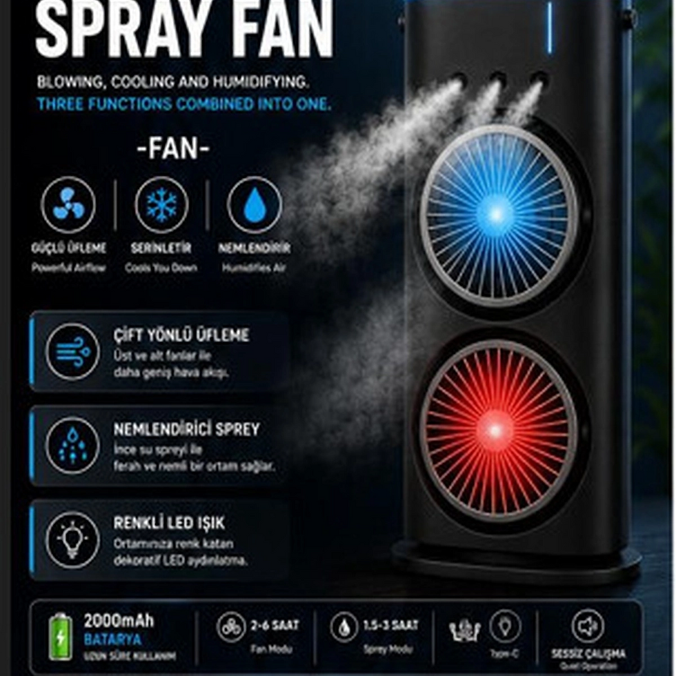 Küçük resim: Çift Başlıklı Sprey Fan Nemlendirici Ve Renkli Led Işıklı Siyah