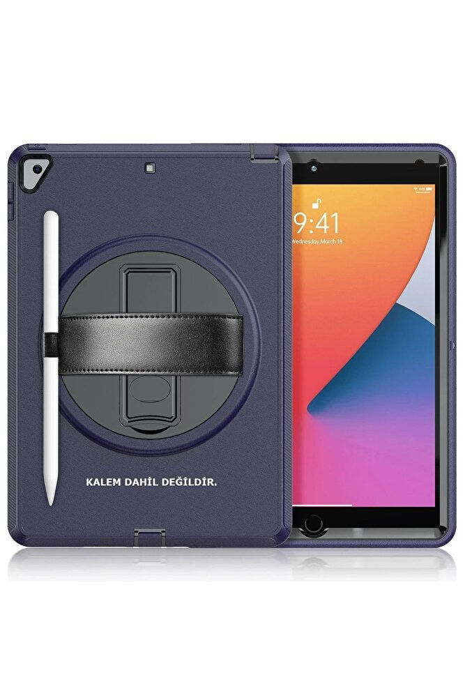 iPad 10.2 (7.nesil) Kılıf Hand Strap Tablet Kılıfı - Lacivert-(5796) - EMTH