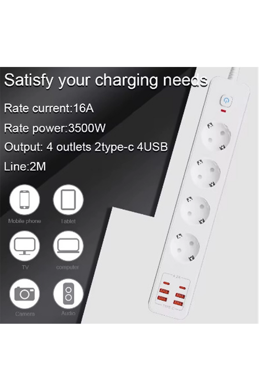 Küçük resim: Termal Akım Korumalı 4’lü Priz 4x Usb 2x Type-c Çıkışlı Grup Priz Çoğaltıcı
