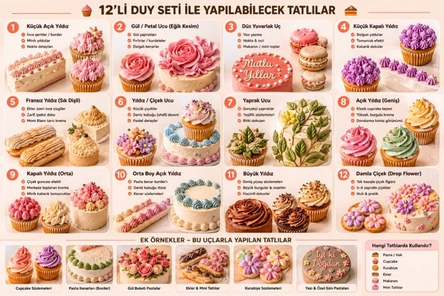 Küçük resim: 12’li Profesyonel Paslanmaz Çelik Pastacı Duy Seti – Detaylı Dekorasyon Ve