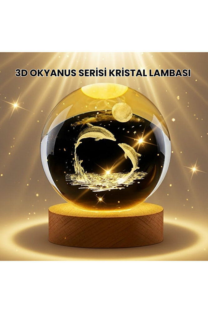 Lazer İşlemeli Yunus Kristal Küre Sıcak Işıklı Ahşap Standlı - EMTHBA75