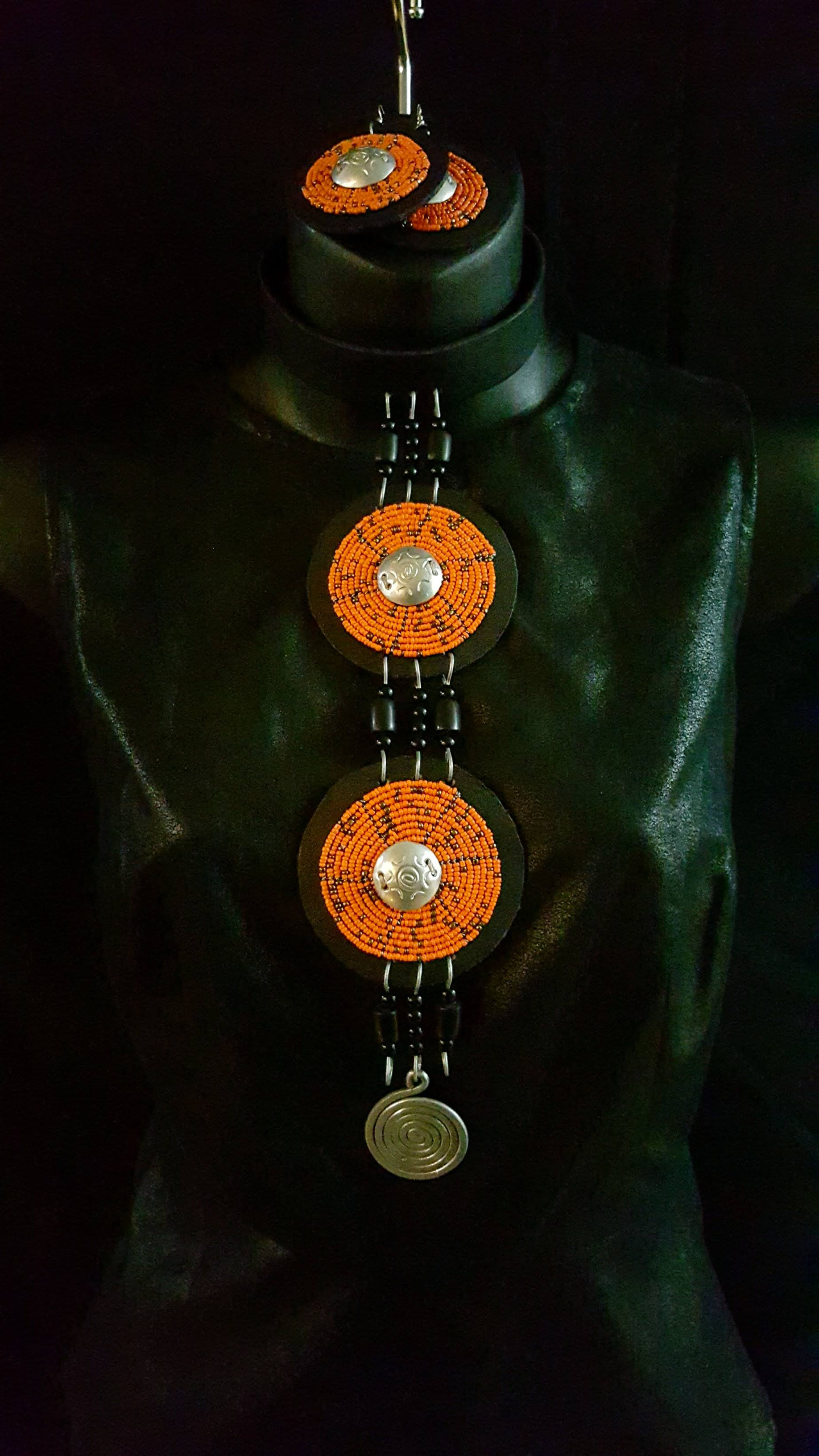 Orange Two Medallion Leather Choker Necklace Set