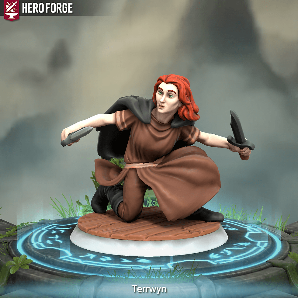 Crouched redhaired woman with daggers